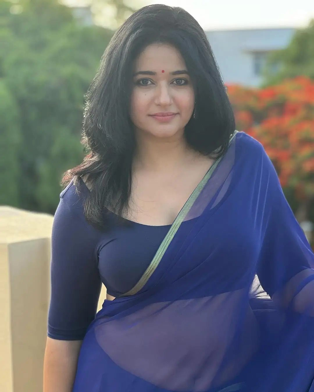 POONAM BAJWA STILLS IN BLUE SAREE BLOUSE 7